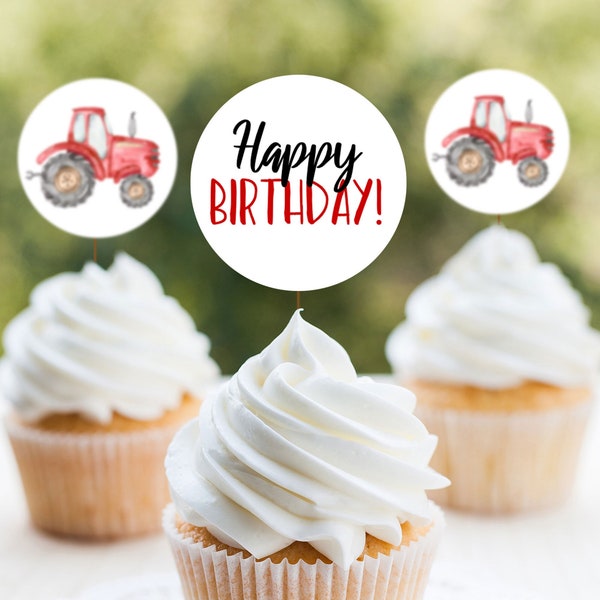 Red Tractor Cupcake Toppers, Printable Tractor Cupcake Toppers, Red Tractor Birthday Decor, Tractor Party, Farm Birthday Party Decor, A035