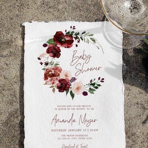 Burgundy Baby Shower Invite, Burgundy Blush Fall Baby Shower, Burgundy Invitation, Baby Shower Brunch, Marsala Baby Shower, Printable, A040