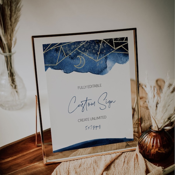Starry Night Wedding Sign Template, Celestial Bridal Shower Sign, Moon & Stars Birthday Party Decor, 5x7 Sign Template, EDIT ALL Text, A037