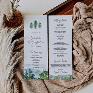 Berghuwelijksprogramma, boshuwelijksprogramma, bosdennenceremonieorde, rustiek buitenhuwelijksprogramma, bewerkbare sjabloon, A010