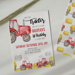 May include: Watercolor-style invitation for Brayden's 1st birthday, featuring a red tractor and hay bales. The invitation includes the text "Start your tractor and put it in gear!" and event details. A matching patterned card is also visible.