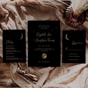 Starry Night Wedding Invitation Suite, Celestial Wedding Template, Under The Stars, Written in the Stars Wedding Stationery, Black Gold A037