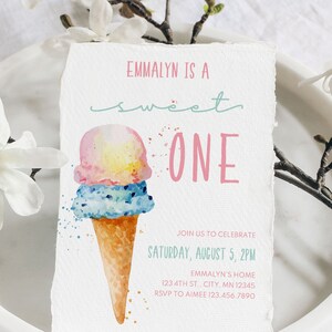 Ice Cream 1st Birthday Invitation, Ice Cream Party Invite, Ice Cream Birthday, Ice Cream Cone First Birthday Invitation Template, A020