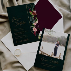 Plantilla de invitación de boda tono joya, papelería de boda cambiante, boda granate púrpura profundo verde esmeralda, boda moderna, imprimible, A046