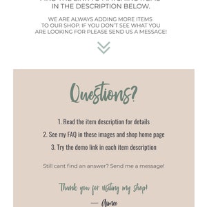 May include: A beige background with a green arrow pointing down. The text "Matching Items Available!" is at the top of the image. The text "Questions?" is in a green cursive font. Below the text are three numbered steps for finding matching items. The text "Thank you for visiting my shop! - Aimee" is at the bottom of the image. Social media icons for Facebook, Instagram, and Pinterest are at the bottom left of the image. The text "@aimbethdesigns" is below the social media icons. The text "aimbethdesigns.com" and "aimbethdesigns.etsy.com" are at the bottom right of the image.