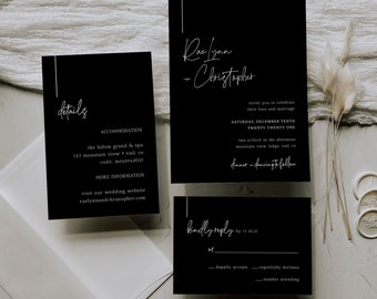 Black Modern Wedding Invitation Suite, Black Wedding Invitation, Minimalist Wedding, Black and White Wedding, White Ink, Template, A001