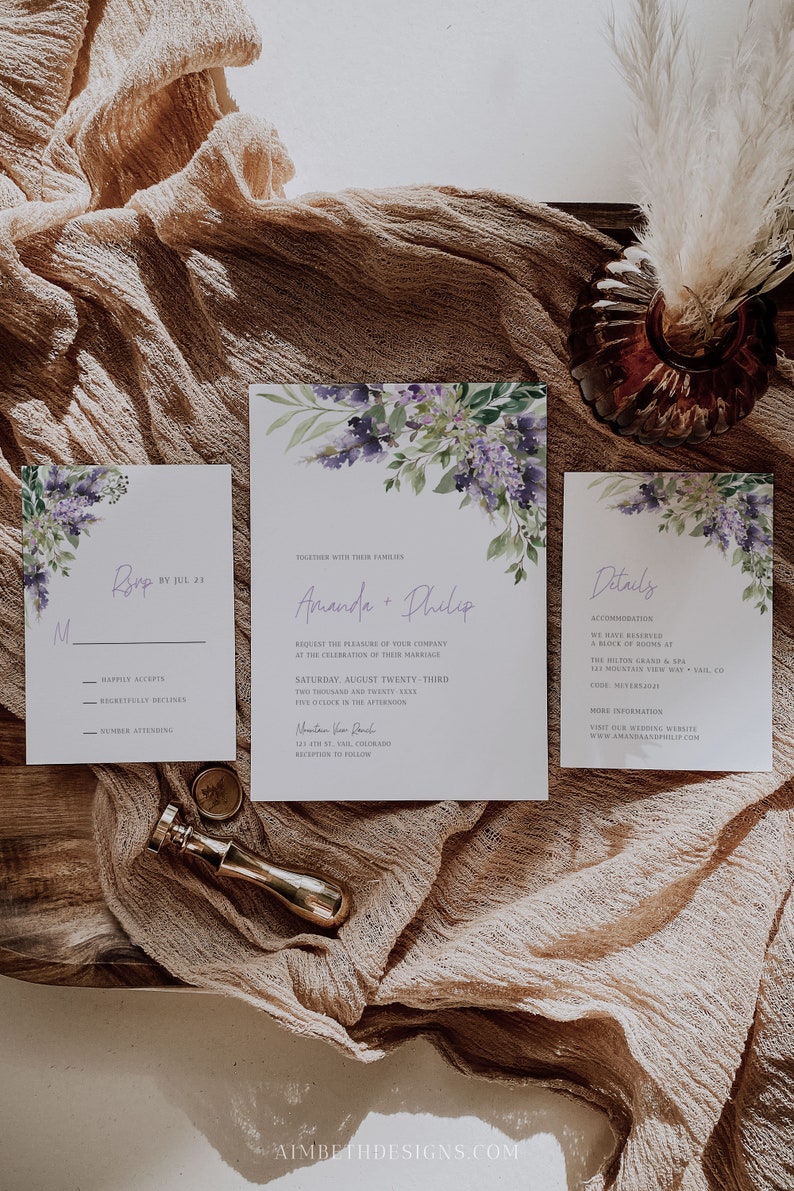 Lavender Wedding Invitation Set Template, Purple Floral Printable Wedding Invitation Suite, Lilac Wedding Invitation Bundle, Digital, A039 image 4