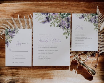 Lavendel bruiloft uitnodiging set sjabloon, paarse bloemen afdrukbare bruiloft uitnodiging Suite, Lila bruiloft uitnodiging bundel, digitaal, A039