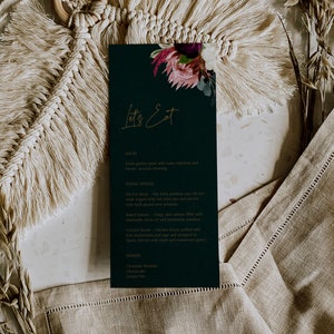 Plantilla de menú de boda en tono joya, menú de boda verde esmeralda, menú de cena de boda cambiante, menú imprimible de boda moderno, editable, A046