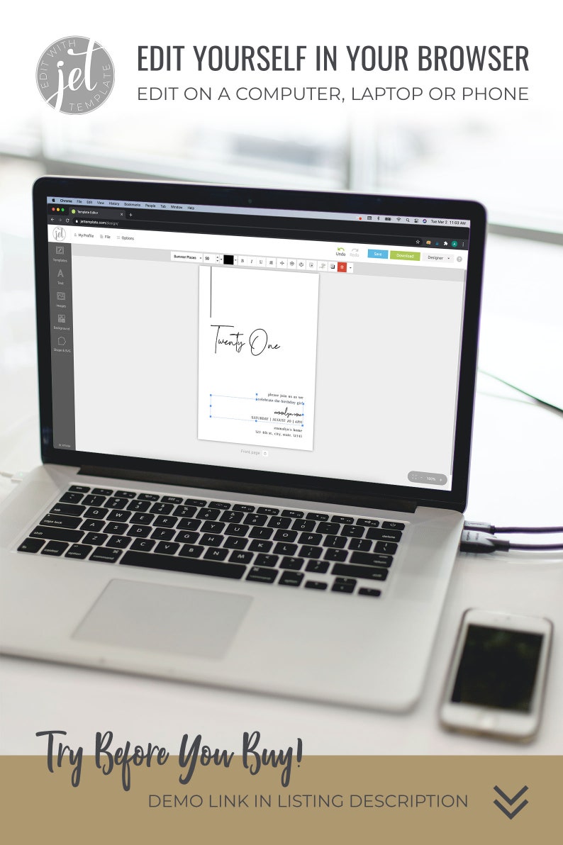 Op de afbeelding: Een laptopcomputer die een webpagina weergeeft met een aanpasbare uitnodigingstemplate. De template is voor een 21e verjaardagsparty en zegt "Twenty One" in een handschriftlijk lettertype. De tekst "Try Before You Buy! DEMO LINK IN LISTING DESCRIPTION" wordt onder de laptop weergegeven.