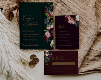 Paquete de plantillas de boda en tono joya, paquete de suite de bodas Moody, colección de invitaciones de boda esmeralda, paquete de bodas moderno imprimible, A046
