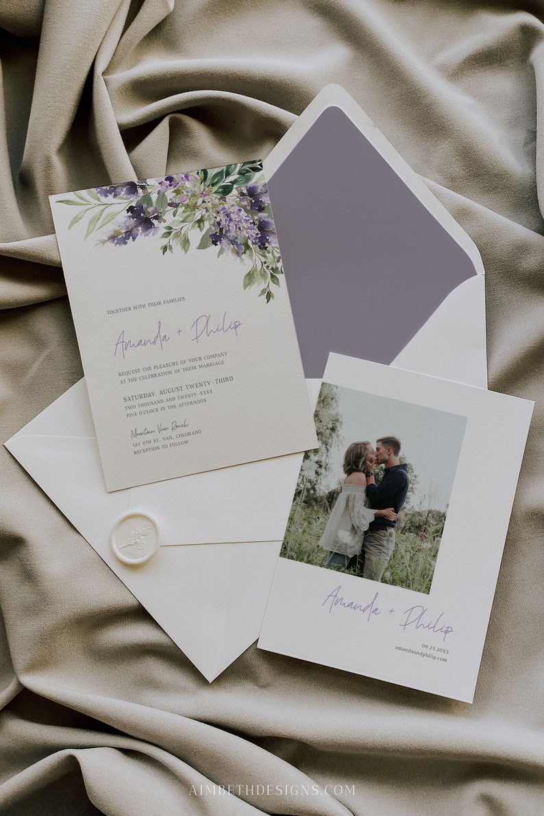 Lavender Wedding Invitation Set Template, Purple Floral Printable Wedding Invitation Suite, Lilac Wedding Invitation Bundle, Digital, A039 image 6