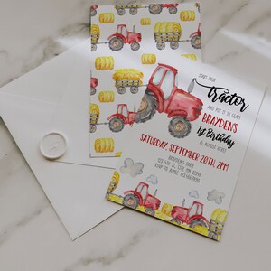 May include: A watercolor-style birthday invitation featuring a red tractor and hay bales. The invitation includes the text "Start your tractor and put it in gear! Brayden's 1st Birthday is almost here!" with event details.