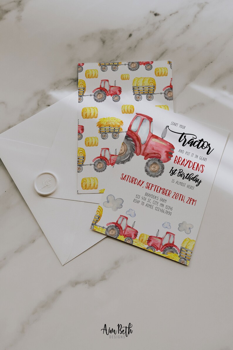 May include: A watercolor-style birthday invitation featuring a red tractor and hay bales. The invitation includes the text "Start your tractor and put it in gear! Brayden's 1st Birthday is almost here!" with event details.