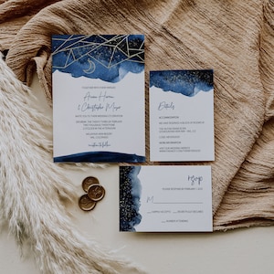 Celestial Wedding Invitation Template, Stars Moon Theme Wedding, Starry Night Wedding Stationery, Written in the Stars, Navy and Gold, A037