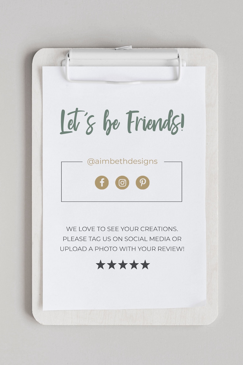 May include: A white sign with the text "Let's be Friends!" and the social media handle "@aimbethdesigns". The sign also includes icons for Facebook, Instagram, and Pinterest.