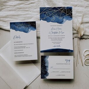 Celestial Wedding Invitation Template, Stars Moon Theme Wedding, Starry Night Wedding Stationery, Written in the Stars, Navy and Gold, A037 image 4