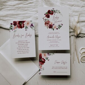 Burgundy Floral Baby Shower Invitation Template, Marsala Baby Shower Invite Editable Template, Girl Baby Shower Bundle, Boho Shower, A040
