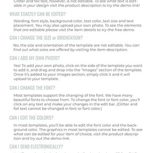 May include: A list of frequently asked questions about text and image editing for digital templates. The text includes questions about editing text, adding photos, changing fonts, and editing colors. The text also includes information about sending the template electronically.