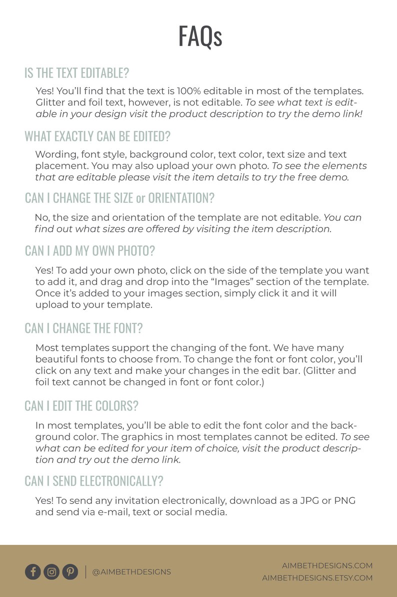 May include: A list of frequently asked questions about text and image editing for digital templates. The text includes questions about editing text, adding photos, changing fonts, and editing colors. The text also includes information about sending the template electronically.