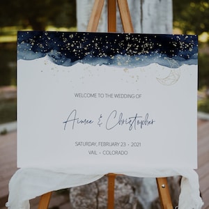 Celestial Wedding Welcome Sign Template, Starry Night Welcome Sign, Galaxy Welcome Sign, Navy & Gold Moon Stars Welcome Sign, Editable, A037