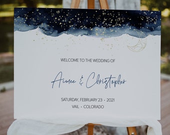 Celestial Wedding Welcome Sign Template, Starry Night Welcome Sign, Galaxy Welcome Sign, Navy & Gold Moon Stars Welcome Sign, Editable, A037