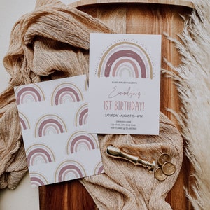 Invitación a la fiesta de cumpleaños del arco iris, invitación a la fiesta de cumpleaños de las niñas, invitación de cumpleaños boho de tonos apagados, plantilla editable de cumpleaños boho, A030