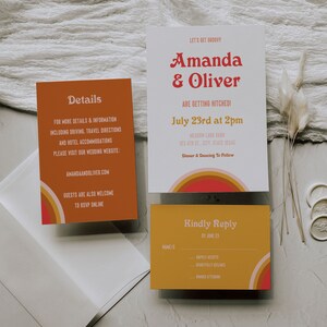 Retro Wedding Invitation Set Template, 70s Wedding Invitation Template, Rust Peach Pink Printable Wedding Invite, Vintage Groovy, DIY A028