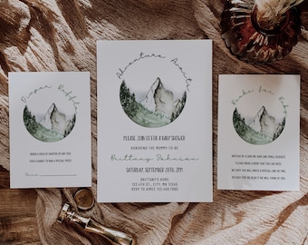 Adventure Awaits Baby Shower Invitation Bundle, Mountain Baby Shower, Gender Neutral Baby Shower Invite, Woodland Baby Shower Printable A014