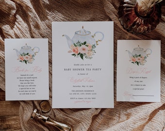 Tea Party Baby Shower Invitation Bundle, Tea Party Invitation, Tea Baby Shower Brunch, Vintage Garden Tea Party, Template, Printable, A025