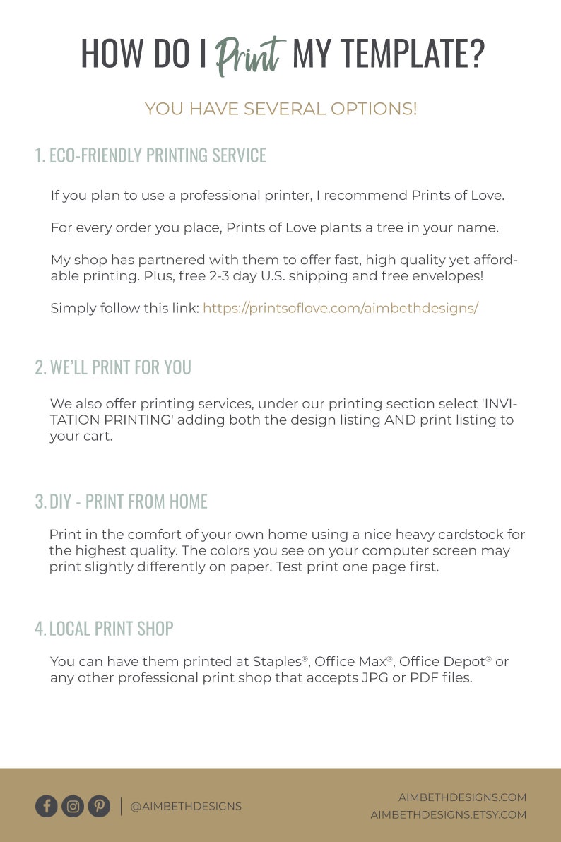 May include: A white background with a green and black text overlay. The text reads "HOW DO I Print MY TEMPLATE? YOU HAVE SEVERAL OPTIONS!" and lists four options for printing a template: "ECO-FRIENDLY PRINTING SERVICE", "WE'LL PRINT FOR YOU", "DIY - PRINT FROM HOME", and "LOCAL PRINT SHOP".