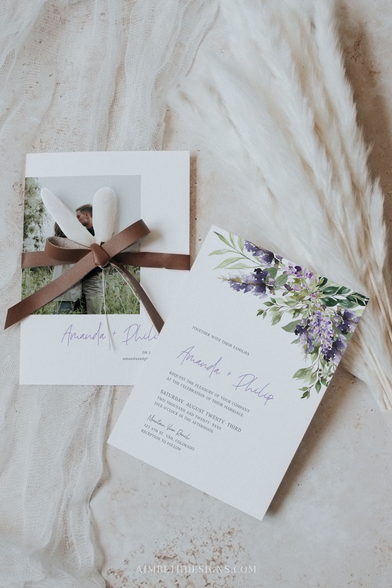 Lavender Wedding Invitation Set Template, Purple Floral Printable Wedding Invitation Suite, Lilac Wedding Invitation Bundle, Digital, A039 image 8