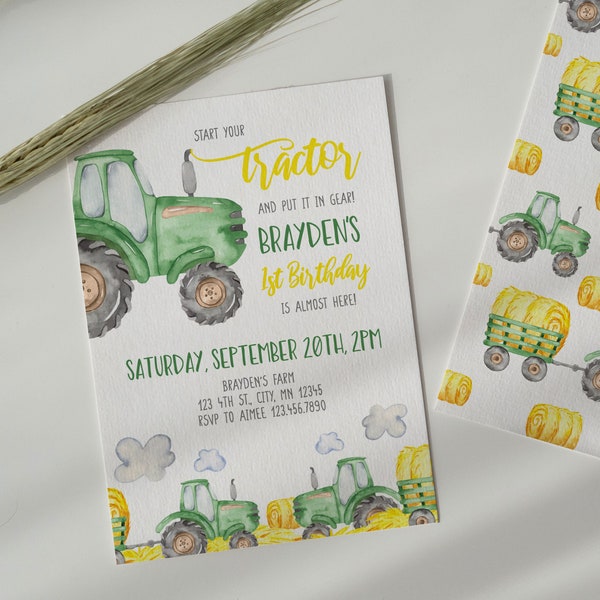 Tractor Birthday Invitation, Green Tractor Invitation Template, John Deere Birthday Invitation Download, Farm Party Invitation Template A035