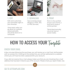 May include: A guide on how to edit, download, and print digital templates. The guide explains how to access your template after purchase using an email link or by going to JetTemplate.com. The guide also includes instructions on how to find your order number on Etsy.