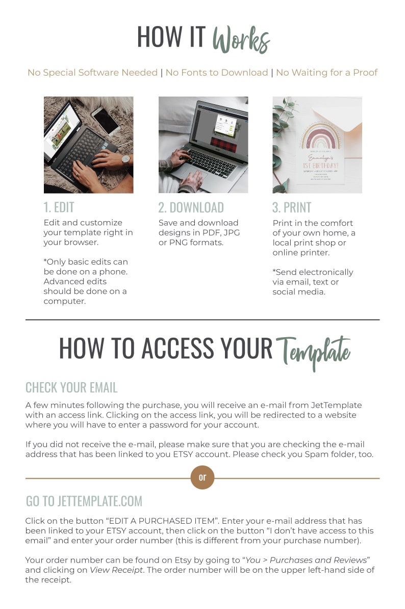 May include: A guide on how to edit, download, and print digital templates. The guide explains how to access your template after purchase using an email link or by going to JetTemplate.com. The guide also includes instructions on how to find your order number on Etsy.