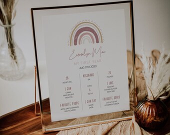 Modelo de pôster Boho Rainbow Milestone, sinal de primeiro aniversário, pôster Boho Milestone, pôster de aniversário de menina arco-íris silenciado, Boho Rainbow, A030
