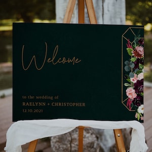 Plantilla de signo de bienvenida de boda de tono joya, señalización de boda de mal humor, decoración de boda de color verde esmeralda y morado oscuro, signo de boda moderno imprimible A046