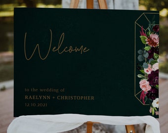 Jewel Tone Wedding Welcome Sign Template, Moody Wedding Signage, Emerald Green Deep Purple Wedding Decor, Modern Wedding Sign Printable A046