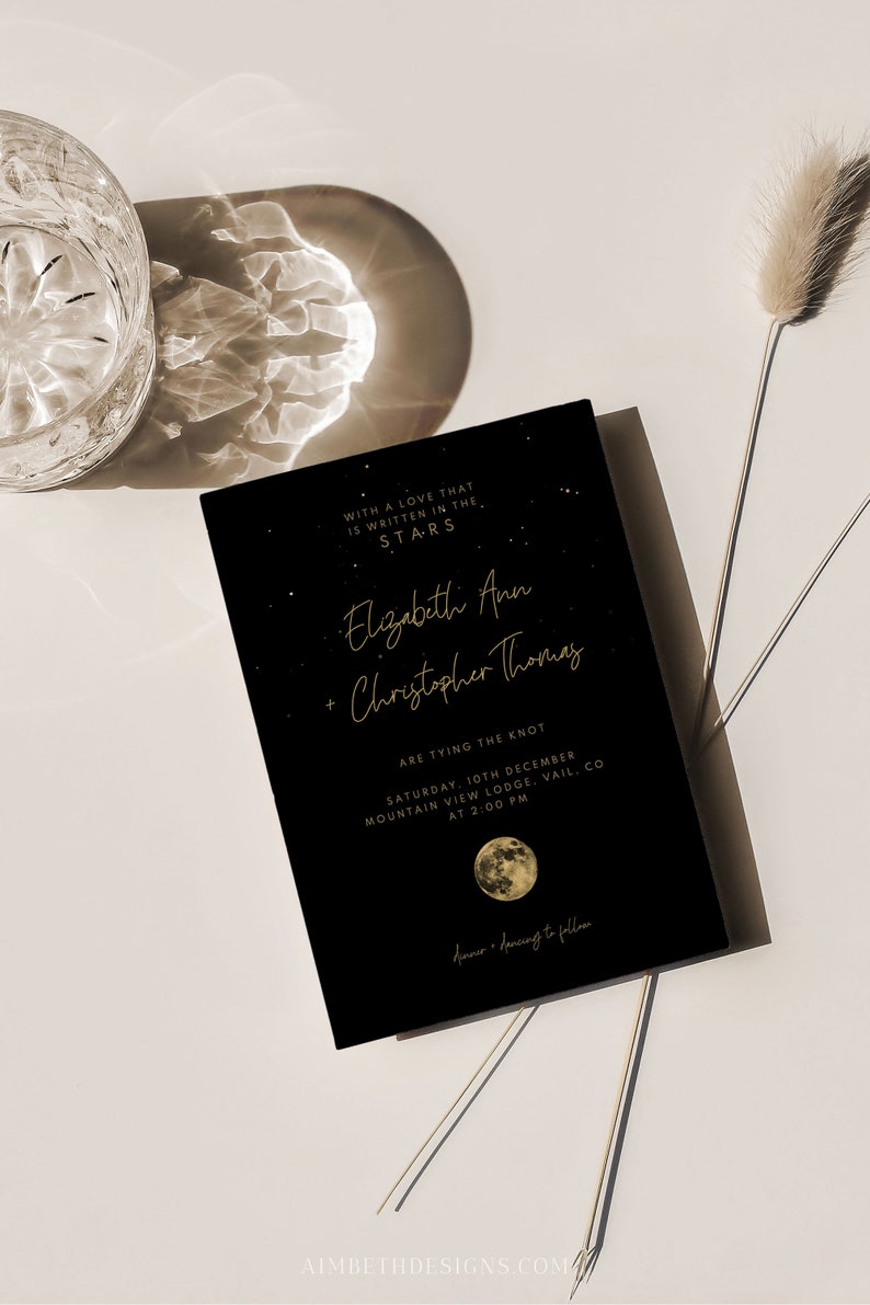 Starry Night Wedding Invitation, Celestial Wedding, Under The Stars, Written in the Stars Wedding Invite Template, Black Gold Printable A037 image 8