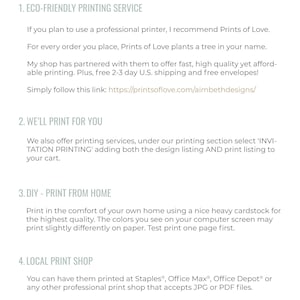 May include: A white background with a green and black text overlay. The text reads "HOW DO I Print MY TEMPLATE? YOU HAVE SEVERAL OPTIONS!" and lists four options for printing a template: "ECO-FRIENDLY PRINTING SERVICE", "WE'LL PRINT FOR YOU", "DIY - PRINT FROM HOME", and "LOCAL PRINT SHOP".