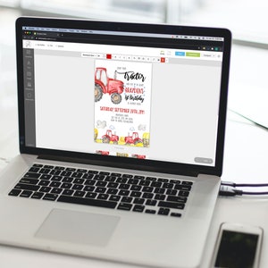 May include: A laptop displaying a customizable birthday invitation template with a red tractor graphic. The text on the invitation reads "Start Your Tractor, Brayden's 1st Birthday". The screen also shows the text "Edit Yourself in Your Browser".