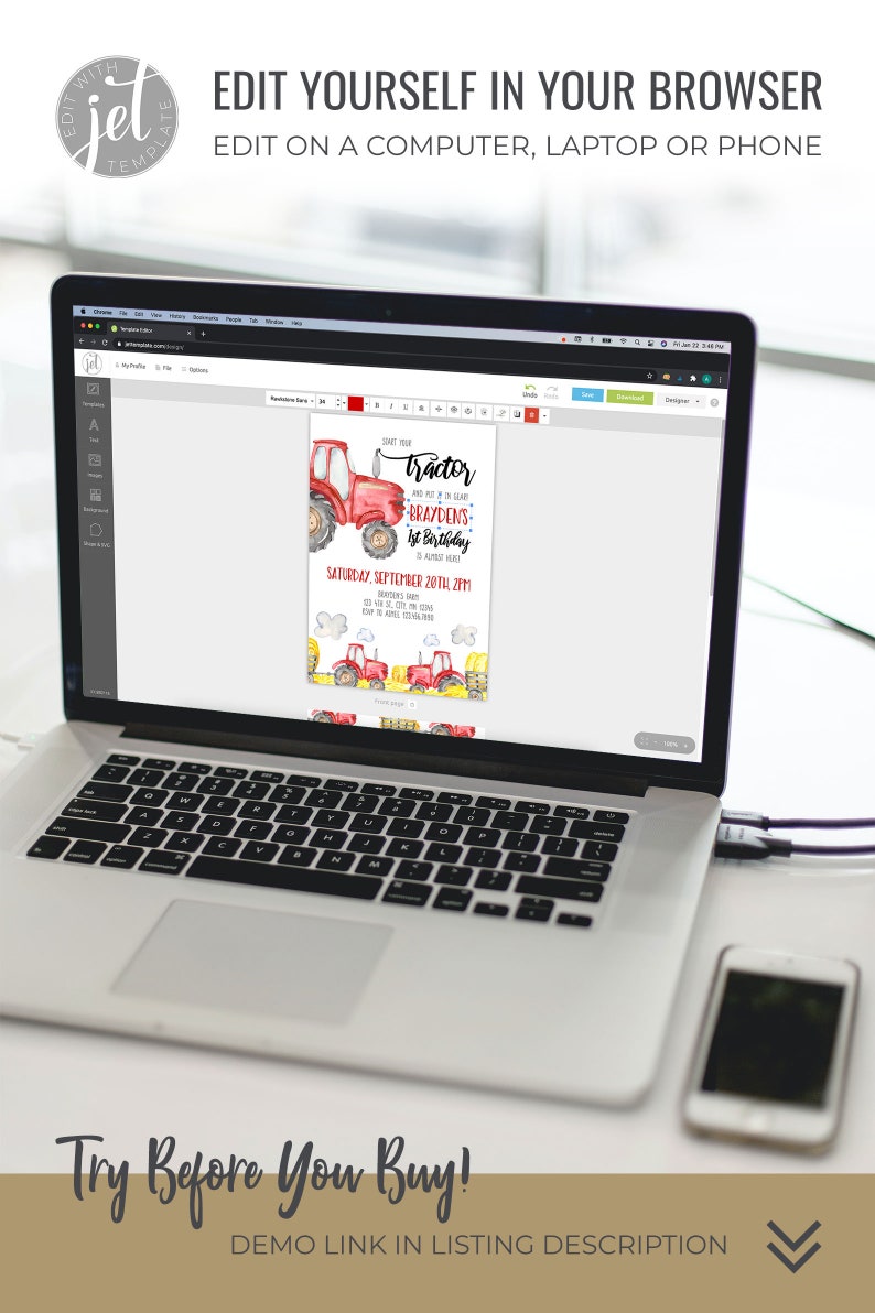 May include: A laptop displaying a customizable birthday invitation template with a red tractor graphic. The text on the invitation reads "Start Your Tractor, Brayden's 1st Birthday". The screen also shows the text "Edit Yourself in Your Browser".
