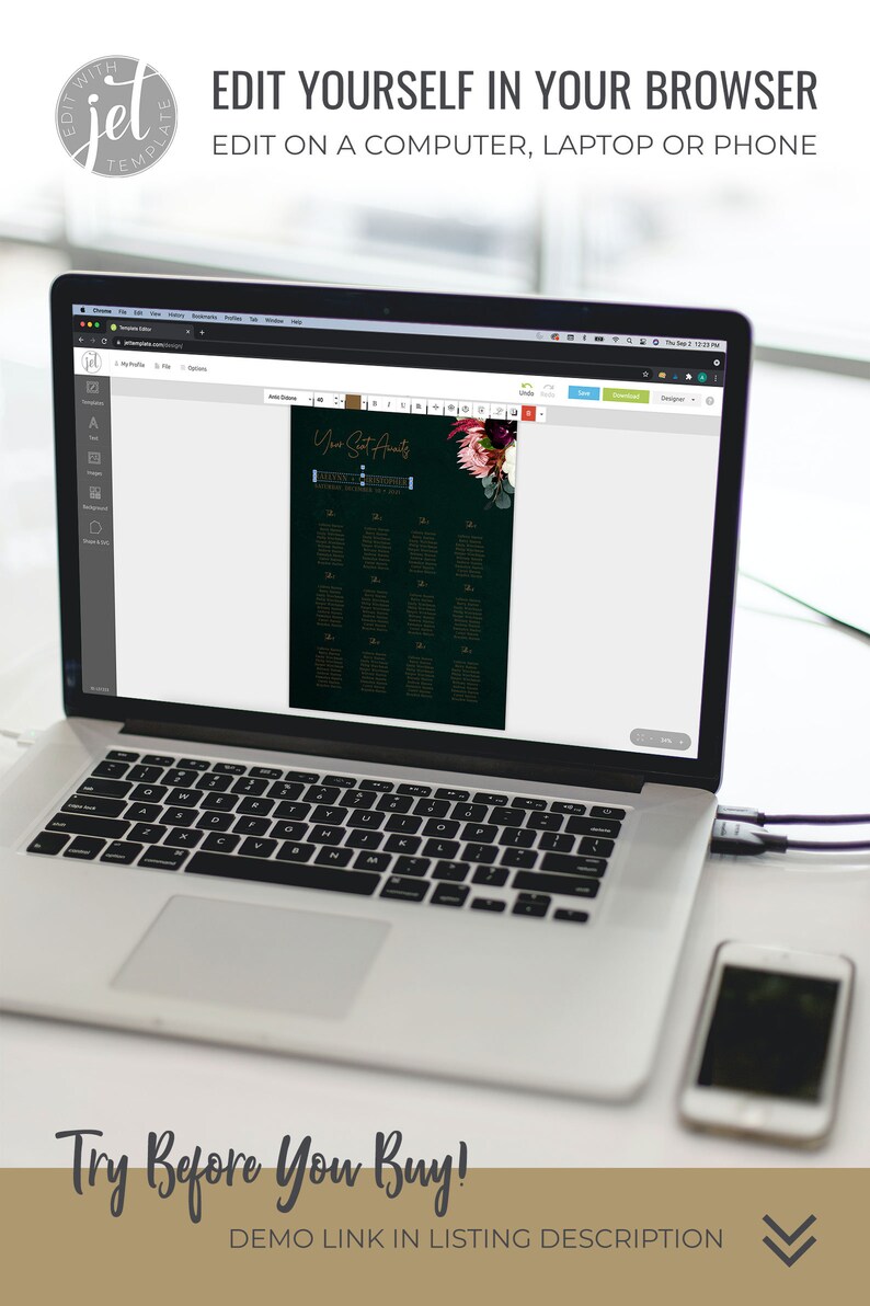 May include: A laptop computer displaying a wedding seating chart template on a screen. The template is editable and features a dark green background with gold text and a floral design. The text on the screen reads "Your Seat Awaits".