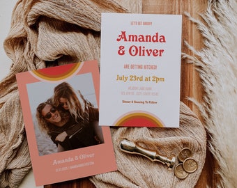 Retro Wedding Invitation Template, 70s Wedding Invite, Boho Wedding, Groovy Wedding, Vintage Peach Burnt Orange Mid-Century Invite, DIY A028