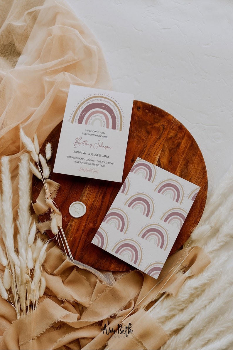 Printable Rainbow Baby Shower Invite Boho Rainbow Baby image 1