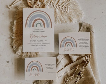 Rainbow Baby Shower Invitation Kit, Baby Boy Shower Invite, Muted Tones Boho Baby Shower, Bohemian Baby Shower Editable Template, A030