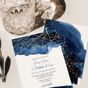 Celestial Wedding Invitation Template, Stars Moon Theme Wedding, Starry Night Wedding Stationery, Written in the Stars, Navy and Gold, A037 image 6