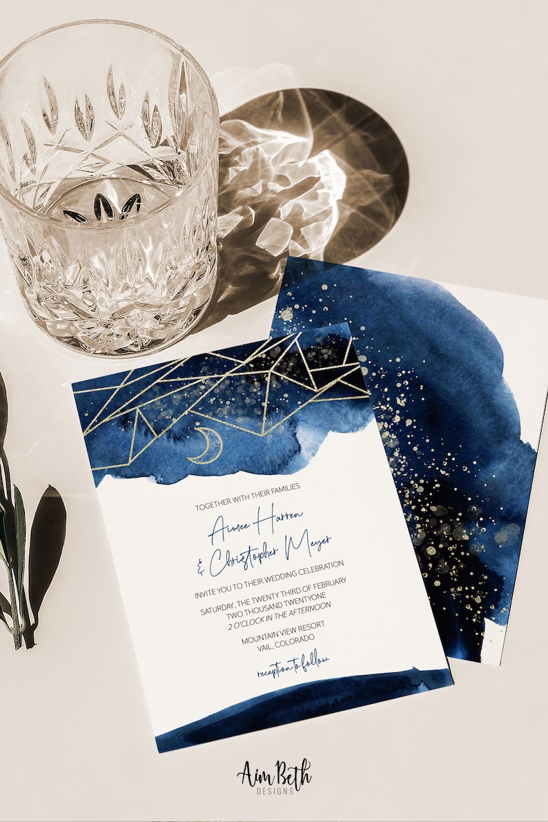 Celestial Wedding Invitation Template, Stars Moon Theme Wedding, Starry Night Wedding Stationery, Written in the Stars, Navy and Gold, A037 image 6