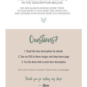 Op de afbeelding: Een beige achtergrond met een groene pijl die naar beneden wijst. De tekst "Matching Items Available!" staat bovenaan de afbeelding. De tekst "Questions?" staat in een groen cursief lettertype. Onder de tekst staan drie genummerde stappen om overeenkomende items te vinden. De tekst "Thank you for visiting my shop! - Aimee" staat onderaan de afbeelding. Sociale media-pictogrammen voor Facebook, Instagram en Pinterest staan onderaan links in de afbeelding. De tekst "@aimbethdesigns" staat onder de sociale media-pictogrammen. De tekst "aimbethdesigns.com" en "aimbethdesigns.etsy.com" staat onderaan rechts in de afbeelding.