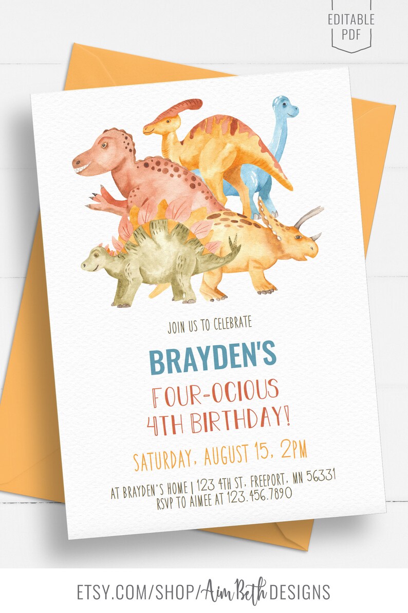 Dinosaurier 4. Geburtstag Einladung Vorlage Dinosaurier | Etsy